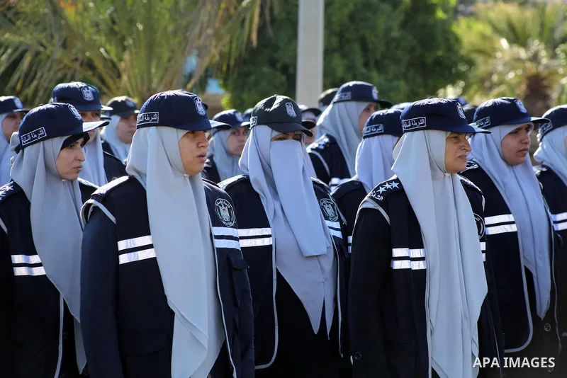 Hamas policewomen stand ready during preparations for a Hamas rally in Gaza City on December 6, 2012. Khaled Meshal set to arrive in the Gaza Strip Friday by crossing the border from Egypt to mark Hamas' 25th anniversary...