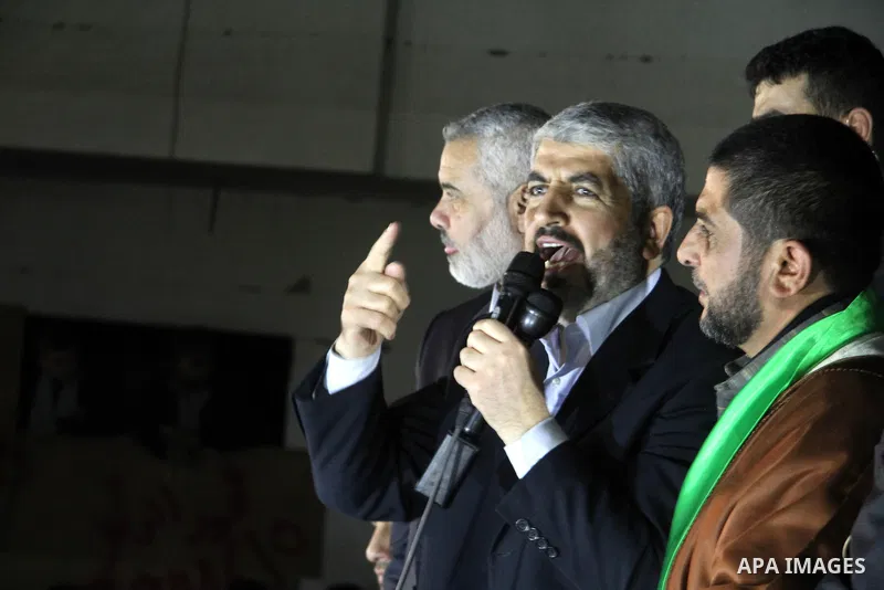Hamas leader Khaled Meshaal visits the home of the al-Dallu family, which destroyed by an Israeli airstrike on November 24 and several members of the al-Dallu family - five of them children - and two of their neighbours...