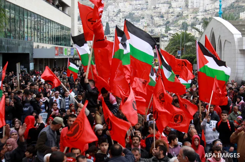 Supporters of the Popular Front for the Liberation of Palestine (PFLP) carry the party flag during a rally to mark the 45th anniversary of the establishment of the PFLP in the West Bank city of Nablus on December 8, 2012...
