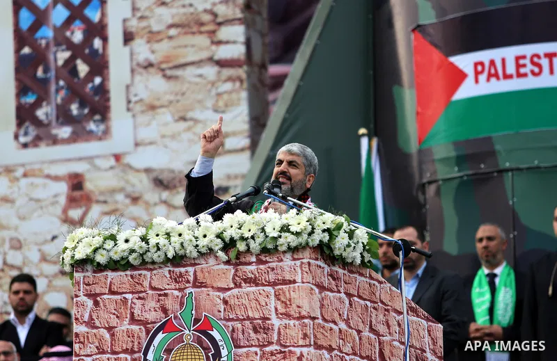 Hamas chief Khaled Meshaal speaks during a Hamas rally marking the 25th anniversary of the Islamist movement's founding in Gaza City on December 8, 2012. Meshaal arrived to Gaza strip on December 7 during his first-ever...