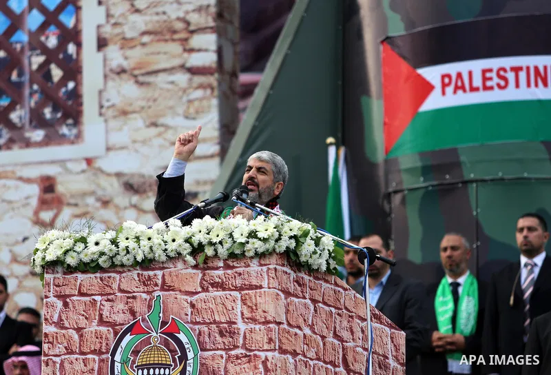 Hamas chief Khaled Meshaal speaks during a Hamas rally marking the 25th anniversary of the Islamist movement's founding in Gaza City on December 8, 2012. Meshaal arrived to Gaza strip on December 7 during his first-ever...
