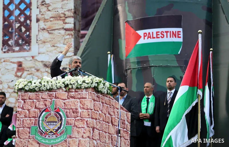 Hamas chief Khaled Meshaal speaks during a Hamas rally marking the 25th anniversary of the Islamist movement's founding in Gaza City on December 8, 2012. Meshaal arrived to Gaza strip on December 7 during his first-ever...