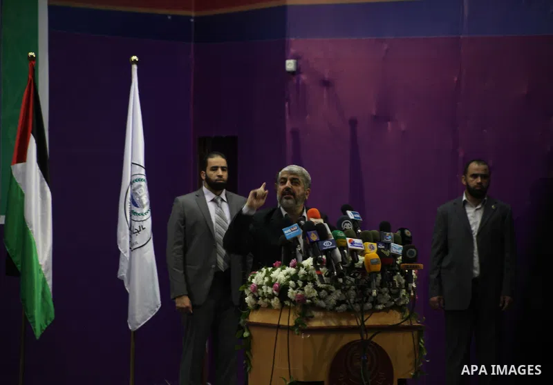 Hamas chief in exile Khaled Meshaal,speaks during a visit to the Islamic University in Gaza City on December 9, 2012. Meshaal rejected ceding "an inch" of Palestinian territory to Israel or recognising the Jewish state,...