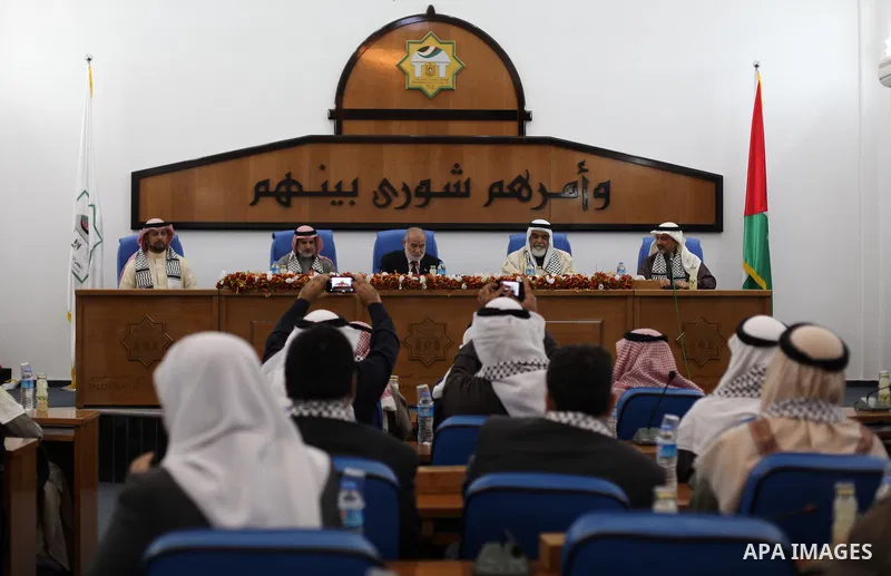 The spokesman of the Palestinian parliament, Ahmed Bahr, meets with members of the Bahraini delegation in Gaza City on Dec. 12, 2012. The delegation is on a solidarity visit with the Palestinian people to the Hamas-run G...