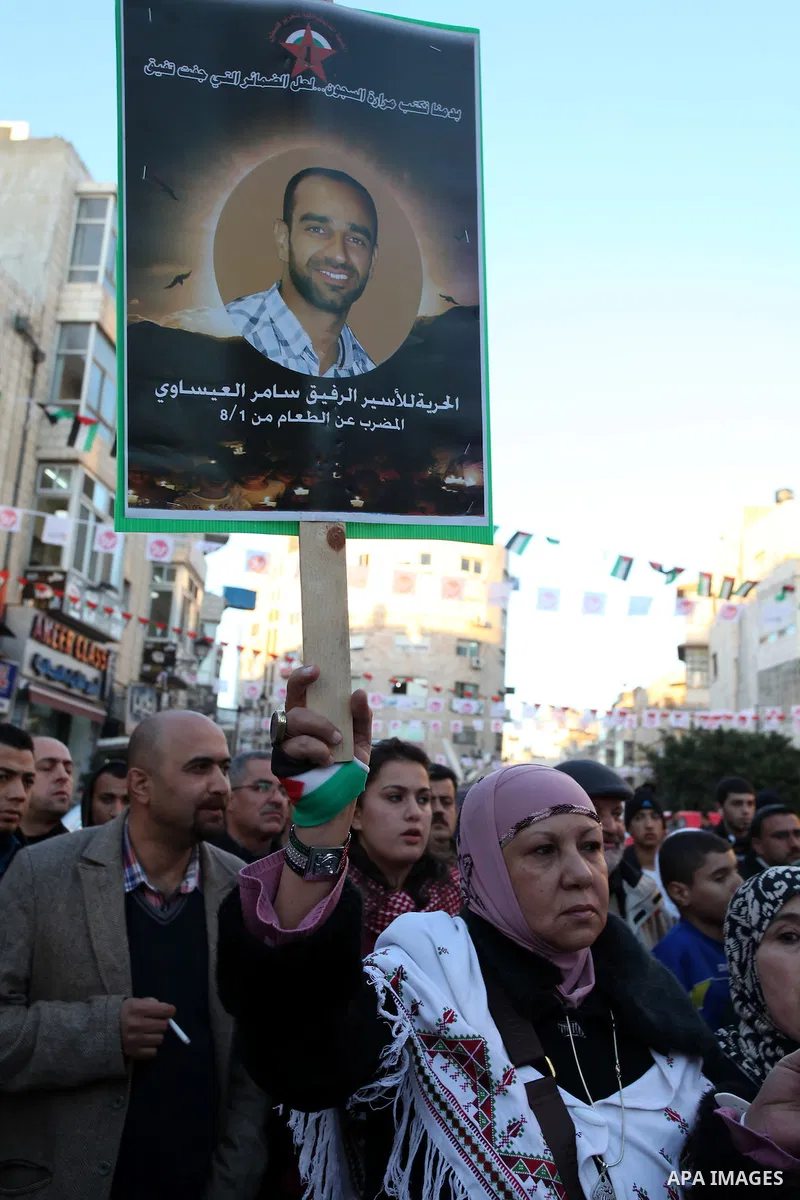 Protesters hold portraits of Samer Issawi, A Palestinian prisoner held in Israeli jail and on hunger strike, during a solidarity protest in the West Bank city of Ramallah, December 12, 2012. Demonstrators protested in so...