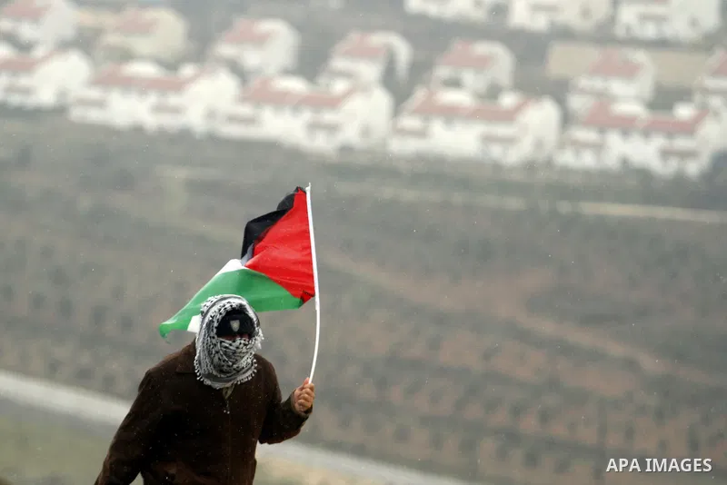 A Palestinian protester holds the Palestinian flag with the Jewish settlement of Halamish seen in the background during clashes between stone-throwing protesters and Israeli soldiers in the West Bank village of Nabi Sale...