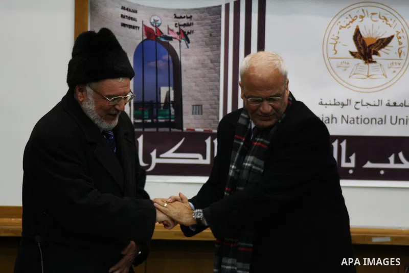 The leaders of the Palestinian factions Saeb Erekat, Aziz Dweik, and Arif Yousef during a meeting to discuss the Palestinian reconciliation, in the West Bank city of Nablus, on Dec. 23, 2012. Photo by Nedal Eshtayah