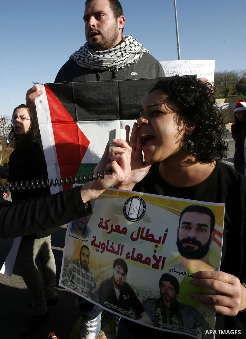Protesters hold placards during a demonstration in Jerusalem calling for the release of Palestinian prisoners from Israeli jails December 23, 2012. Photo by Mahfouz Abu Turk