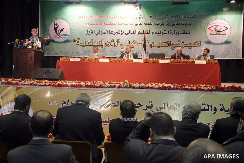 Palestinian Prime Minister in Gaza strip Ismail Haniyeh speaks during the Ministry of Education's first conference "excellence in Palestinian education" in Gaza city on 25 December 2012. Photo by Majdi Fathi