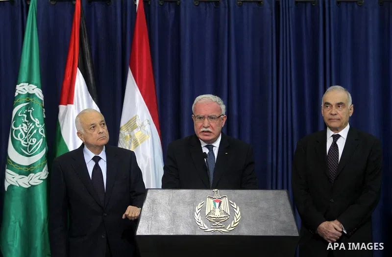 Palestinian Foreign Minister Riyad al-Malki (C) speaks as Arab League Secretary General Nabil al-Arabi (L) and Egypt's Foreign Minister Mohamed Kamal Amr (R) listen on during a press conference following their arrival in...