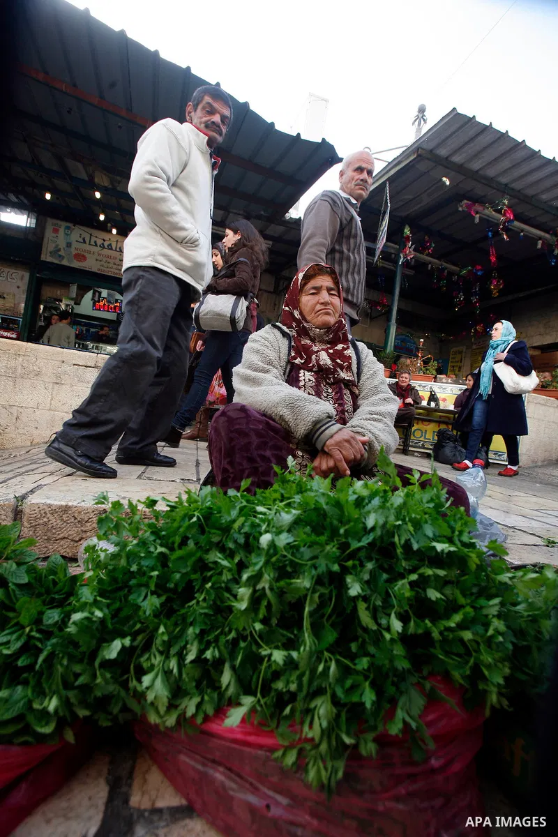 A Palestinian woman sells Vegetables at the market in Jerusalem's old city on December 29, 2012. . Photo by Mahfouz Abu Turk