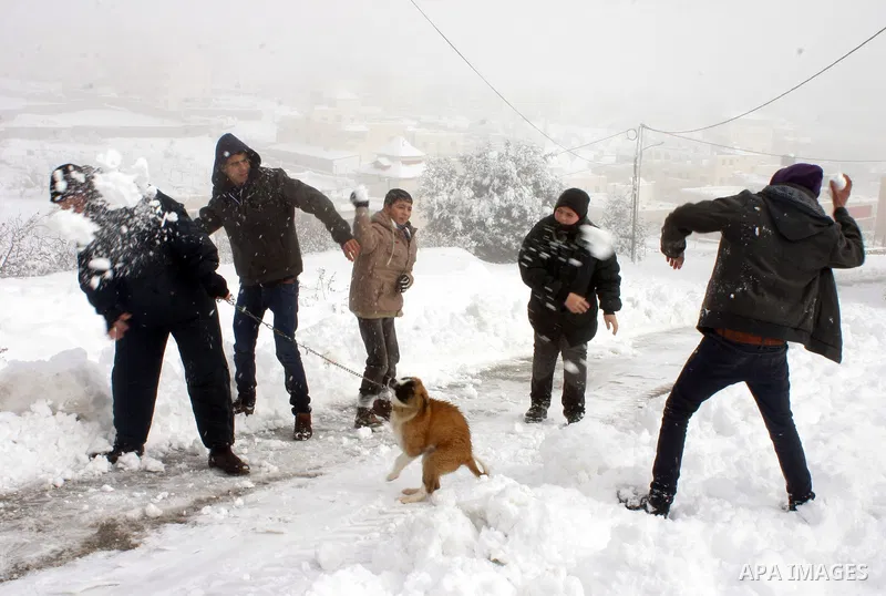 Palestinian children play with snow balls in the West Bank city of Hebron on January 10, 2013. Abnormal storms, which for four days have blasted the Middle East with rain, snow and hail, leave swathes of Israel and Jorda...