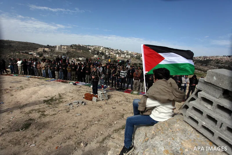 A young boy holds a flag as people pray during a protest of Palestinian activists over confiscated lands by Israeli army on January 25, 2013 in the West Bank village of Beit Iksa. Activists said recently that the Israeli...