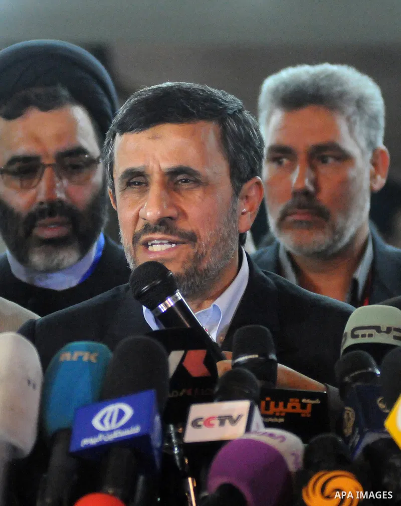 Iranian President Mahmoud Ahmadinejad gives a press conference following his meeting with Ahmed al-Tayeb (not seen) the Grand Imam of Cairo's Al-Azhar, Sunni Muslim Islam's highest seat of learning, in Cairo on February...