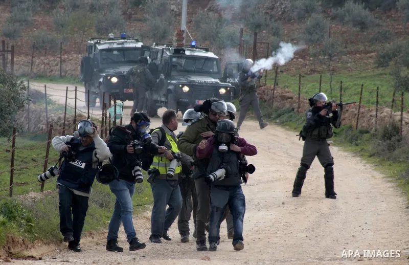 Israeli border police arrest a Palestinian journalists during a protest against the expanding of Jewish settlement in Qusra village near the West Bank city of Nablus on Feb. 23 , 2013. Photo by Nedal Eshtayah