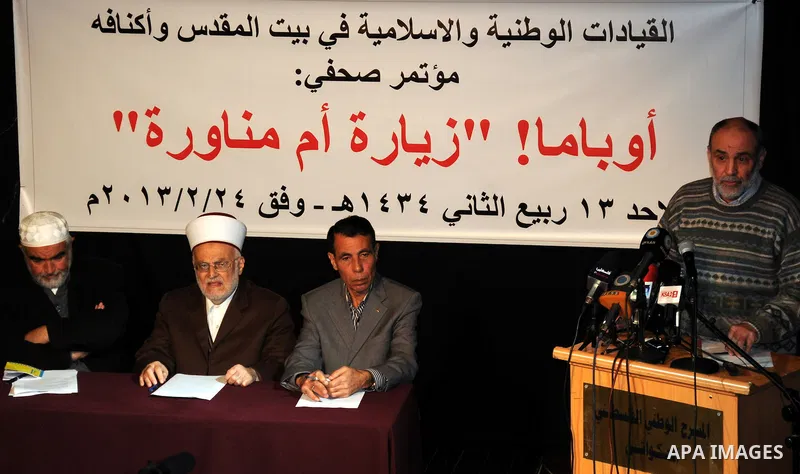 Palestinian National and Islamic leaders in Jerusalem attend a press conference to discuss the visit of U.S. President Barack Obama to Jerusalem next month, in Jerusalem on February 24, 2013. Photo by Mahfouz Abu Turk