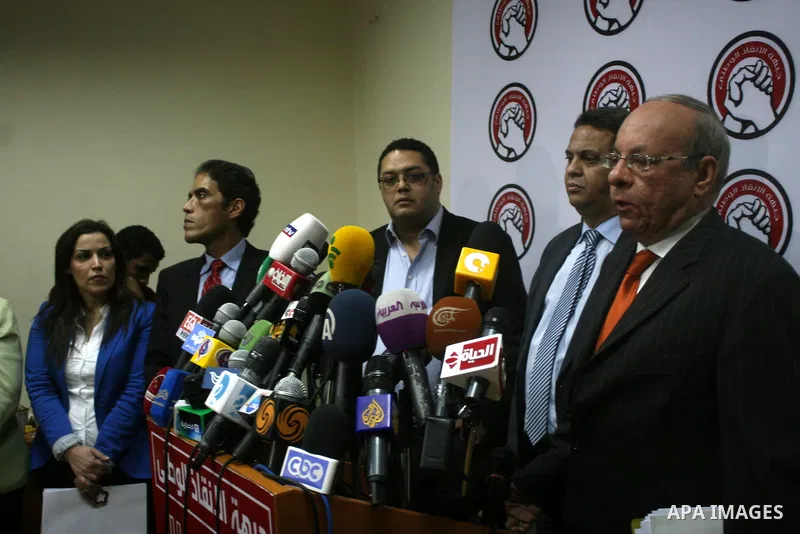 Egyptian members of the National Salvation Front (NSF) attend a press conference to determinate the participation in elections, in Cairo on march 05, 2013. Egypt's National Salvation Front (NSF), a coalition of oppositio...
