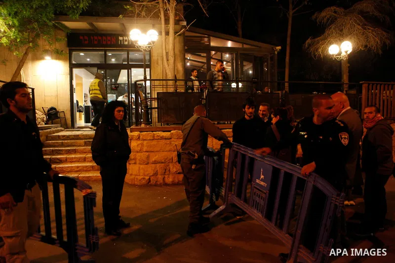 Israeli security officers block the road during a protest in solidarity with Samer al-Issawi a Palestinian prisoner who has been on a hunger strike for more than 260 days, outside the Hebrew University in Jerusalem on Ap...