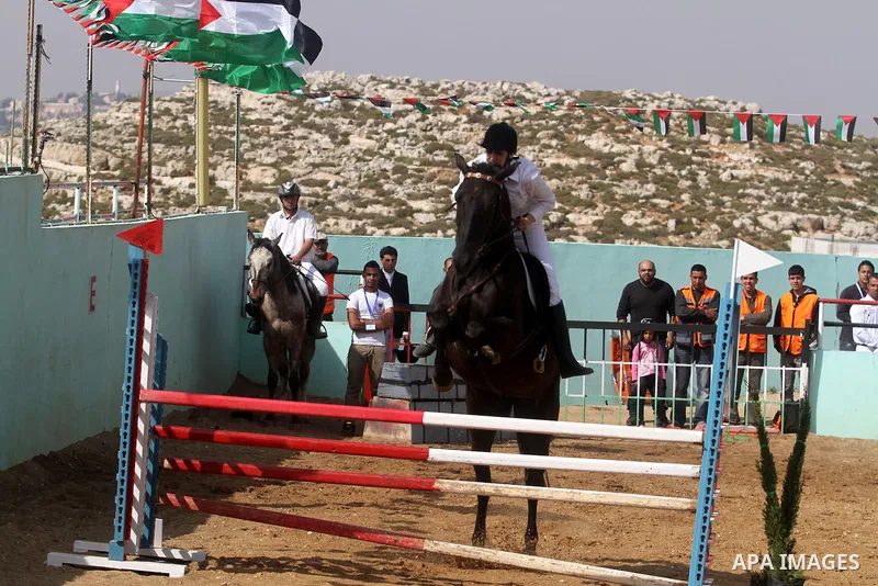 Palestinian jockeys demonstrate their skills as they ride their horses during a participate in the first Spring Festival at Turmus'ayya village near in the West Bank city of Ramallah, on Apr. 13, 2013. Photo by Issam Rim...
