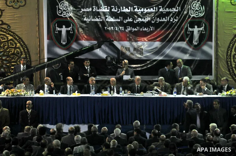 Head of the Judges Club Egypt Ahmad Al-Zend take part a meeting for the General Judges Association in Cairo in support of the Egyptian Judiciary and against the country's President Mohamed Morsi on April 24, 2013. Photo...