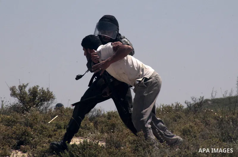 Israeli border police arrest a Palestinian villager from Oref village during clashes with Jewish settlers after Israeli settlers attacked villages near Nablus City 30 April 2013. Reports state that the clashes occured af...