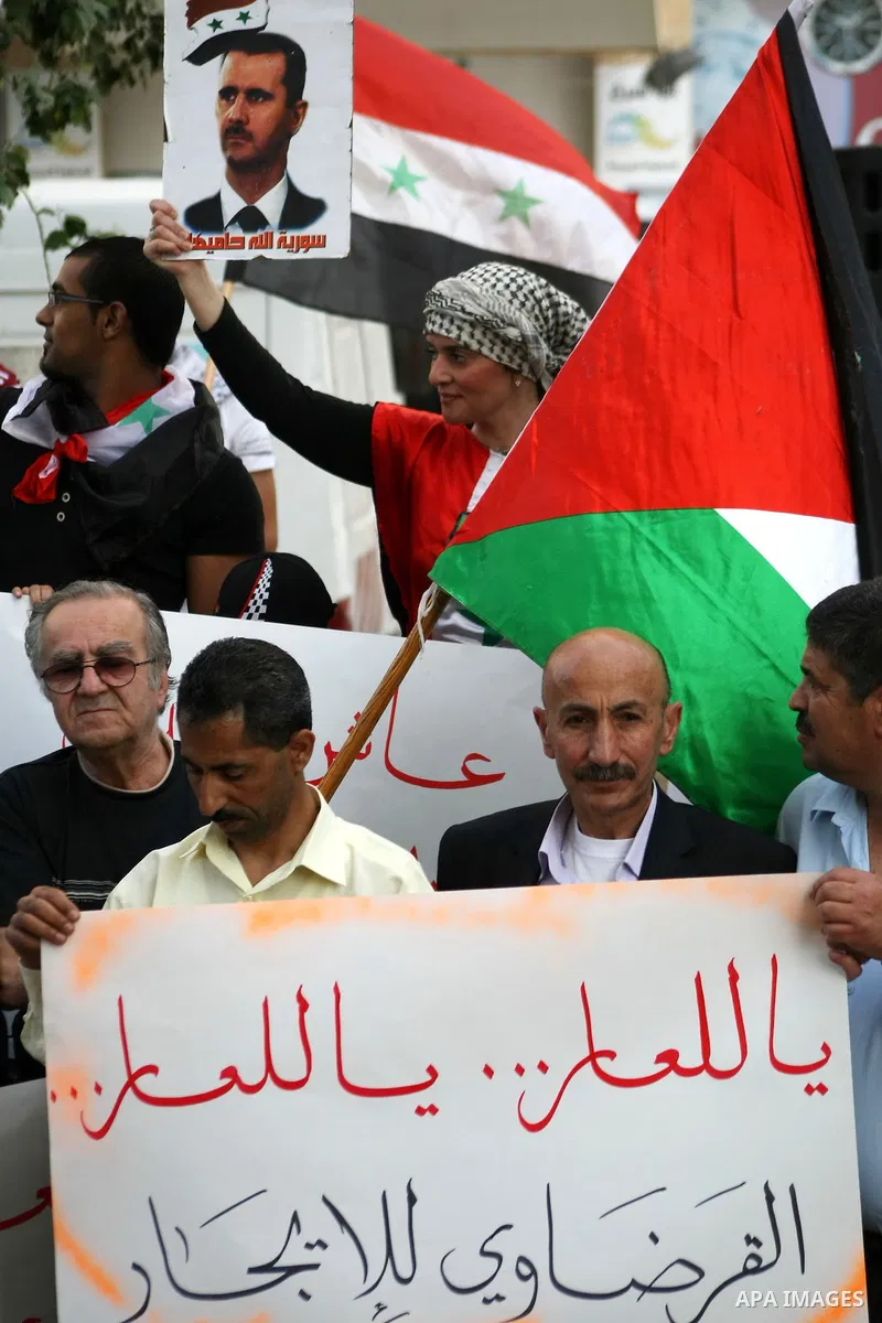 Palestinian pro-al-Assad regime activists hold pictures of Syrian president Bashar al-Assad and Syrian flags during a protest against Israeli air strikes close to Damascus, in the West Bank city of Hebron May 8, 2013. Is...