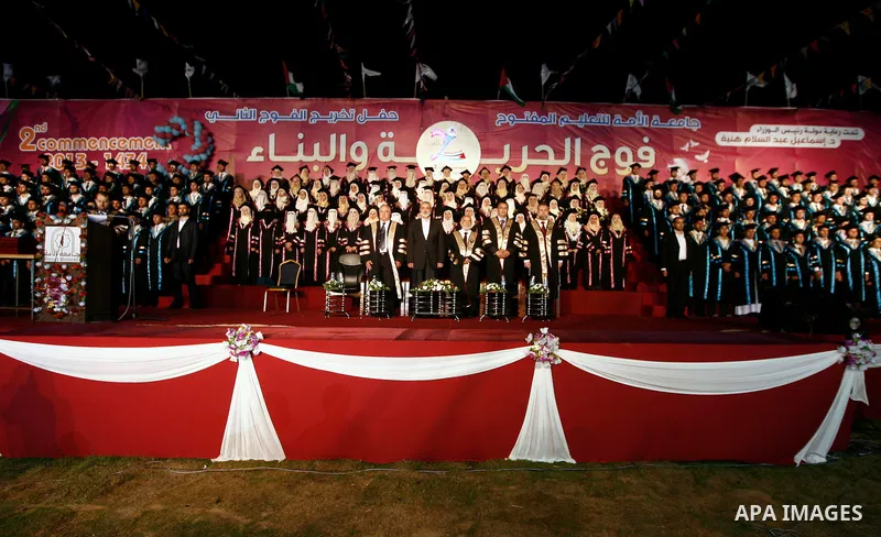Palestinian Prime Minister in Gaza Strip Ismail Haniyeh, attends student graduation ceremony at al-Ummah University, in Gaza city on July 04, 2013. Photo by Emad Nassar