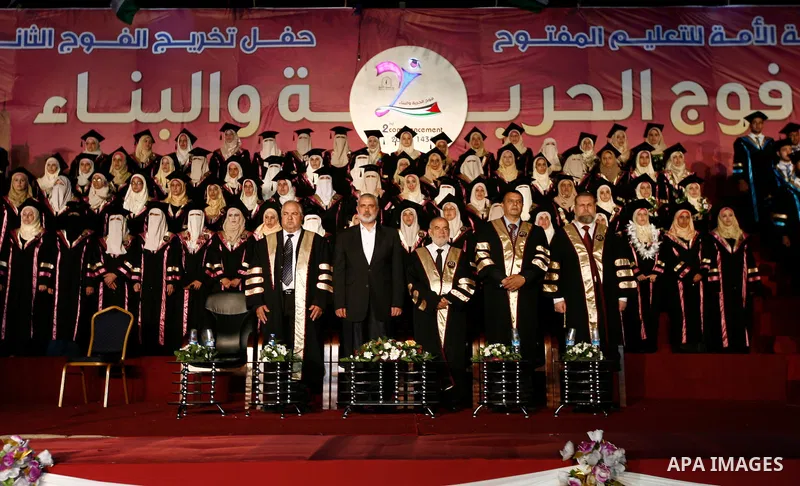 Palestinian Prime Minister in Gaza Strip Ismail Haniyeh, attends student graduation ceremony at al-Ummah University, in Gaza city on July 04, 2013. Photo by Emad Nassar