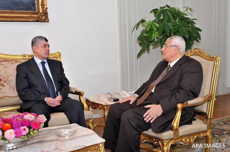 A handout picture released by the Egyptian Presidency shows Egypt's interim president Adly Mansour (R) meeting with Interior minister Mohamed Ibrahim on July 6, 2013 in Cairo. Mansour on July 5, 2013 ordered the dissolut...