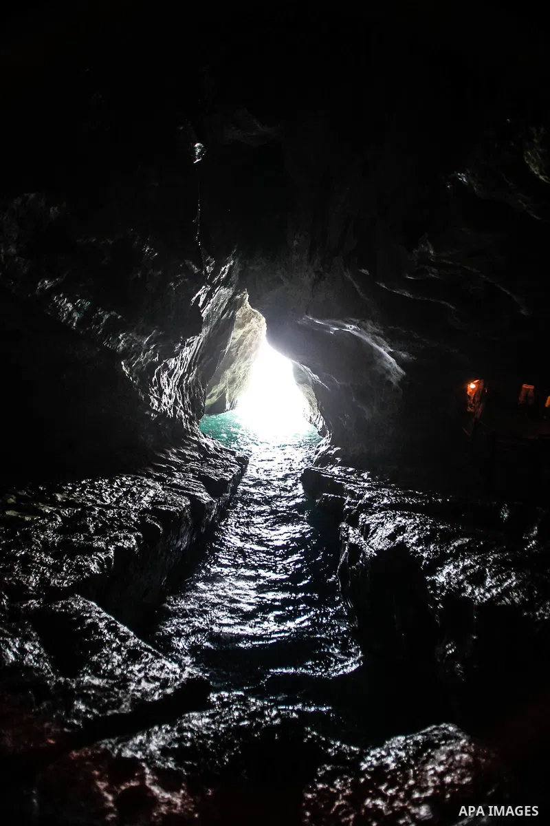 A general view of the Ras al-Naqoura grottos, on 05 July 2013. Al-Naqoura is a geologic formation, located on the coast of the Mediterranean Sea, in the Western Galilee. It is a white chalk cliff face which opens up into...