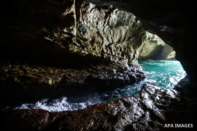 A general view of the Ras al-Naqoura grottos, on 05 July 2013. Al-Naqoura is a geologic formation, located on the coast of the Mediterranean Sea, in the Western Galilee. It is a white chalk cliff face which opens up into...