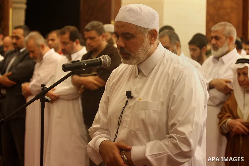 Palestinian Prime Minister in Gaza strip Ismail Haniyeh, leads the evening mass prayer Taraweeh, at all Khaldi mosque in Gaza city, after breaking the fast on the Third day of the Moslem holy month of Ramadan on July 12,...