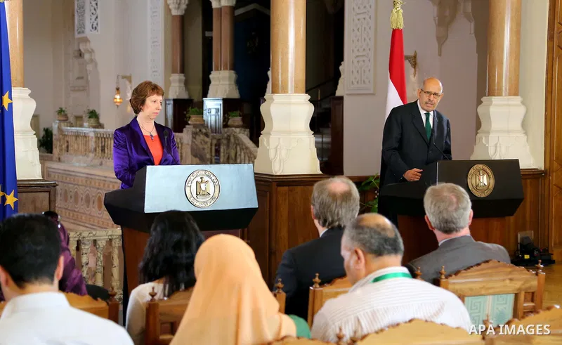 A handout picture made available by the Egyptian presidency on July 30, 2013 shows Egypt's vice president Mohamed El-Baradei holding a joint press conference with EU foreign policy chief Catherine Ashton in the president...