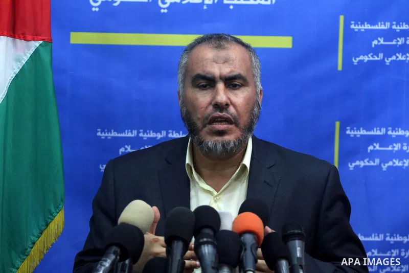 Palestinian of the Deputy Minister of Foreign Affairs, Ghazi Hamad, speaks during a press conference on the closure of the Rafah crossing, in Gaza city on Aug. 21. 2013. Photo by Mohammed Asad