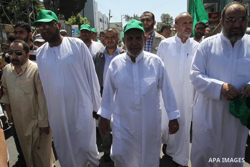 Palestinian leaders of Hamas movement take part in a protest against Palestinian-Israeli negotiations on August 23, 2013, in Gaza City. A senior Palestinian official accused on August 23 Israel of preventing the United S...