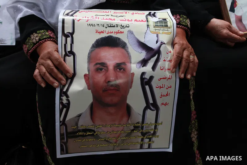 Families of Palestinian prisoners in the weekly sit-in to calling for the release of Palestinian prisoners from Israeli jails in front of the Red Cross in the West Bank City of Ramalla, on Sep. 24, 2013. Photo by Issam R...