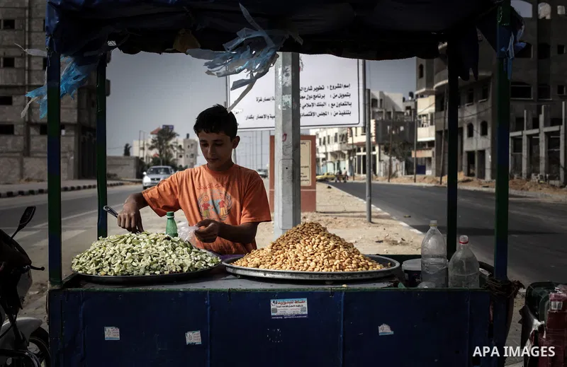 A Palestinian boy sells lupin beans in street in Gaza City on October 31, 2013. Photo by Ashraf Amra