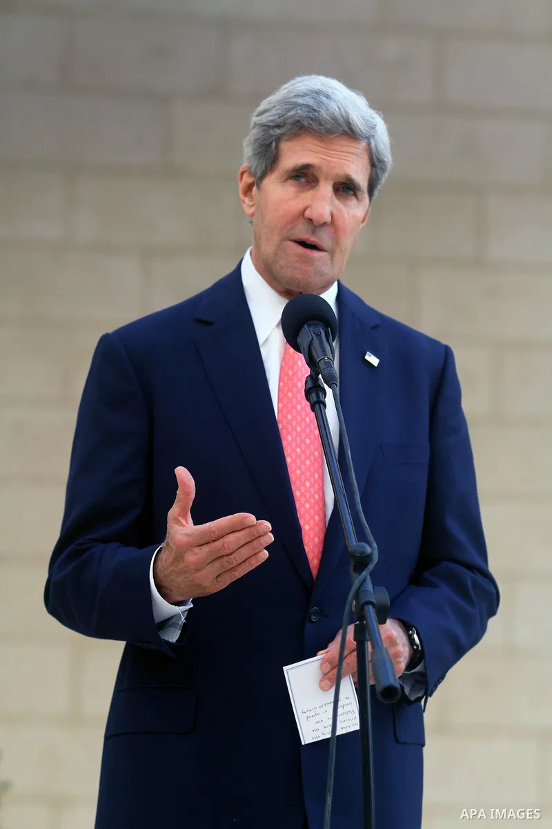 US Secretary of State John Kerry speaks to the media after his meeting with the Palestinian President Mahmoud Abbas during a visit to the West Bank city of Bethlehem, 06 November 2013. Kerry began a day of meetings in Je...