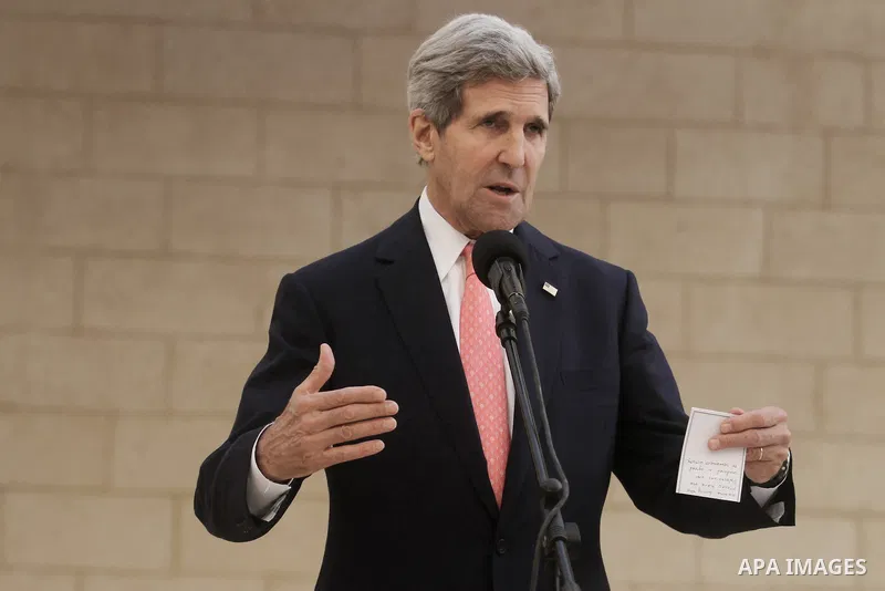 US Secretary of State John Kerry speaks to the media after his meeting with the Palestinian President Mahmoud Abbas during a visit to the West Bank city of Bethlehem, 06 November 2013. Kerry began a day of meetings in Je...