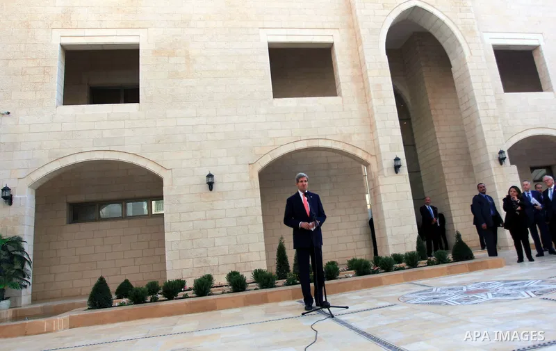 US Secretary of State John Kerry speaks to the media after his meeting with the Palestinian President Mahmoud Abbas during a visit to the West Bank city of Bethlehem, 06 November 2013. Kerry began a day of meetings in Je...