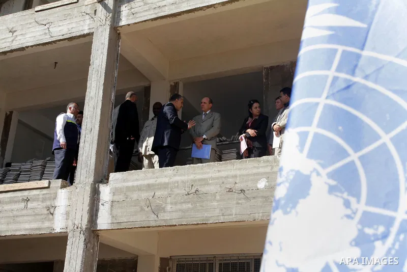 Coordinator of Humanitarian Affairs in the United Nations James Rowley inside the school in Jabalya in the northern Gaza Strip on Nov. 21, 2013. James Rowley announced the suspension of projects of UNRWA in the Gaza Stri...