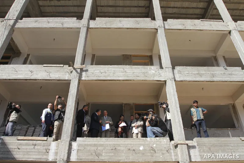 Coordinator of Humanitarian Affairs in the United Nations James Rowley inside the school in Jabalya in the northern Gaza Strip on Nov. 21, 2013. James Rowley announced the suspension of projects of UNRWA in the Gaza Stri...