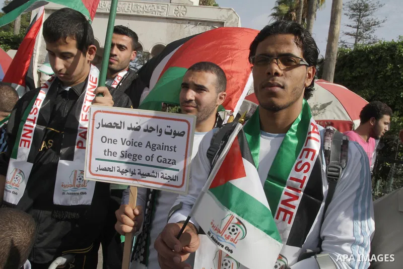 Palestinians disabled take part in a protest against the Israeli blockade on Gaza strip, in Gaza city on November 27, 2013. Israel imposed a blockade on Gaza in 2007 after Islamist group Hamas seized control of the terri...