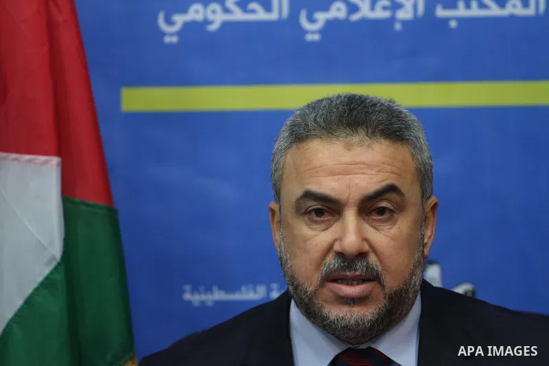 Palestinian Minister of Awqaf and Religious Affairs, Ismail Radwan, speaks during in a press conference about the devastating losses during four days of severe weather conditions in the coastal territory, in Gaza city, D...