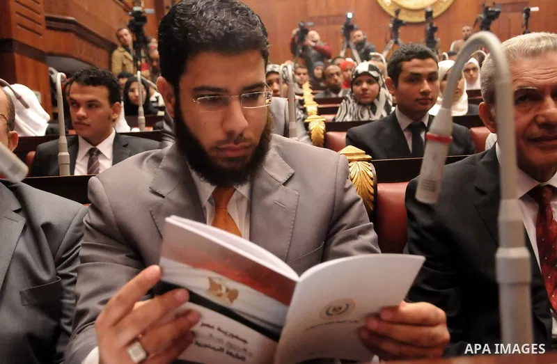 Nader Bakkar the assistant of Salafist Nour Party chief attends a meeting of Egypt's constituent assembly Chairman Amr Moussa with students of Economics and Political Science, at the Shura Council, in Cairo on 18 Decembe...