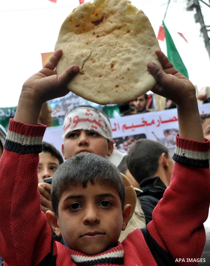 Palestinian boys take part in a rally to show solidarity with Palestinian refugees in Syria's main refugee camp Yarmouk, in Jabalia in the northern Gaza Strip January 10, 2014. Photo by Mohammed Talatene
