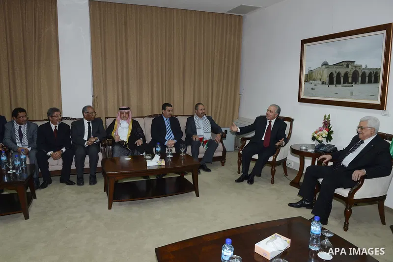Palestinian President, Mahmoud Abbas (Abu Mazen) meets with a delegation of the Union of Arab radio stations in the West Bank city of Ramallah, on Jan. 10. 2014. Photo by Thaer Ganaim