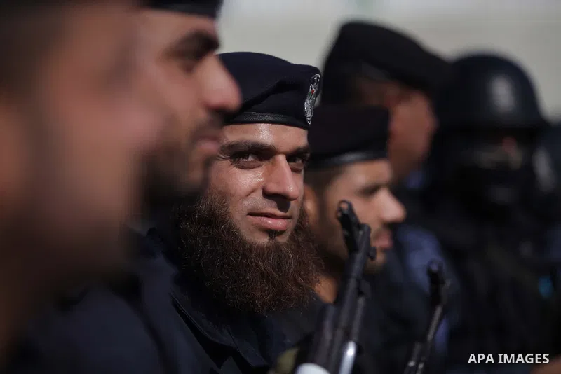 Palestinian police forces stand ready during preparations to mark the anniversary of former Palestinian interior minister Said Siam's, in Gaza City on January 11, 2013. Photo by Ashraf Amra