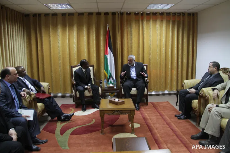 Palestinian Prime Minister, in Gaza strip, Ismail Haniyeh receives the Ambassador of South Africa to the Palestinian Authority in his office in Gaza City, on Jan. 14, 2014. Photo by Ashraf Amra