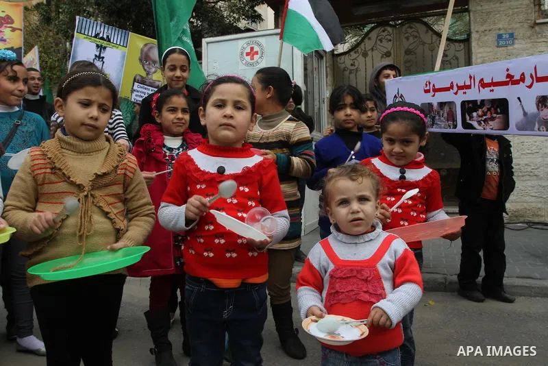 Palestinian children take part in a protest to show solidarity with Palestinian refugees in Syria's main refugee camp Yarmouk, in front of the Red Cross in Gaza January 14, 2014. Photo by Mohammed Asad